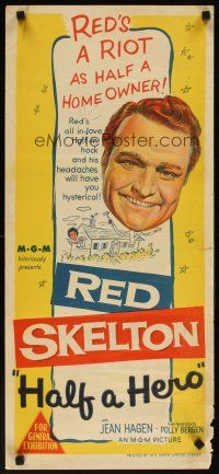 7w643 HALF A HERO Aust daybill '53 stone litho art of Red Skelton in double trouble, Jean Hagen!