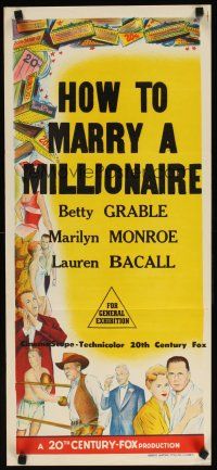 7w659 20TH CENTURY FOX stock Aust daybill 1950s Monroe, Grable & Bacall, How to Marry a Millionaire!