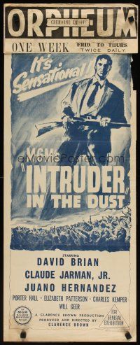 7w667 INTRUDER IN THE DUST Aust daybill '49 William Faulkner, art of man with rifle over crowd!