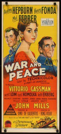 7w773 WAR & PEACE Aust daybill '56 Richardson Studio art of Hepburn, Fonda & Ferrer, Tolstoy epic!