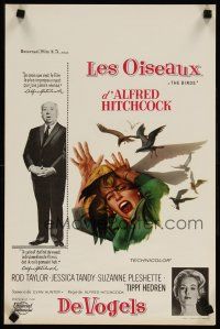 7w456 BIRDS Belgian '63 Alfred Hitchcock, Tippi Hedren, art of Jessica Tandy attacked by birds!