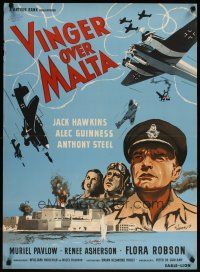7w586 MALTA STORY Danish '54 Alec Guinness,Jack Hawkins, cool Wenzel WWII airplane artwork!