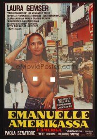 7w199 EMANUELLE IN AMERICA Finnish '77 image of sexy topless Laura Gemser in the title role!