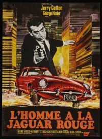 7w386 DEATH IN THE RED JAGUAR French 23x32 '70 cool Saukoff art of George Nader with gun over car!