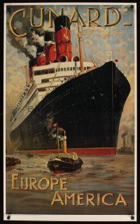 7x732 CUNARD - EUROPE AMERICA commercial poster '83 wonderful Rosenvinge artwork of ship & harbor!
