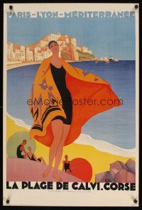 7x769 LA PLAGE DE CALVI-CORSE commercial poster '96 Roger Broders art of lady at seaside!