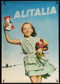 7x222 ALITALIA Italian travel poster '50s smiling girl with tickets w/aircraft in background!