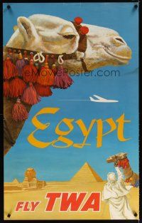 7x121 FLY TWA EGYPT travel poster '60s David Klein art of camel & pyramids!