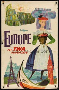7x123 FLY TWA SUPERJETS EUROPE travel poster '60s cool Klein artwork of woman & destinations!