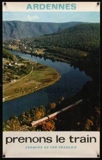 7x107 FRENCH NATIONAL RAILROADS French travel poster '70s cool image of train & river, Ardennes!