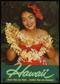 7x155 HAWAII travel poster '60s great image of pretty native w/lei!