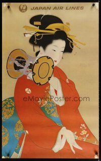 7x229 JAPAN AIR LINES Japanese travel poster '60s art of Geisha in a red kimono!