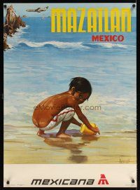 7x233 MEXICANA MAZATLAN Mexican travel poster '70s Amendola art of boy playing on beach!