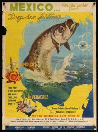 7x156 MEXICO DEEP SEA FISHING travel poster '50s great image of huge fish over map of Gulf!