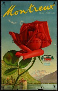 7x251 MONTREUX Swiss travel poster '50s cool art of rose & pretty scenery!