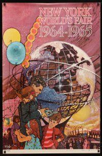 7x255 NEW YORK WORLD'S FAIR travel poster '64 cool Bob Peak art of family & Unisphere!