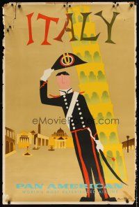 7x118 PAN AMERICAN ITALY travel poster '50s Fine artwork of soldier tipping his hat!