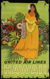7x138 UNITED AIRLINES HAWAII travel poster '60s Stan Galli art of pretty woman in dress & lei!