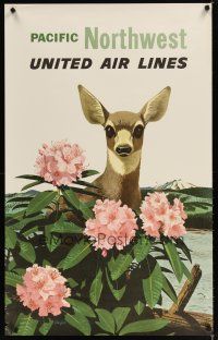 7x144 UNITED AIRLINES PACIFIC NORTHWEST travel poster '60s Stan Galli art of cute deer!