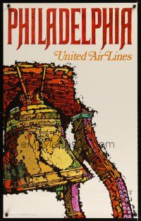 7x145 UNITED AIRLINES PHILADELPHIA travel poster '68 Jebray artwork of Liberty Bell!