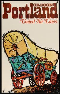 7x146 UNITED AIRLINES PORTLAND OREGON travel poster '69 Jebray artwork of covered wagon!