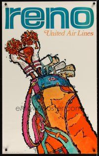 7x147 UNITED AIRLINES RENO travel poster '69 Jebray artwork of golf bag & clubs!