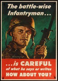 7x002 BATTLE-WISE INFANTRYMAN IS CAREFUL 29x40 WWII war poster '44 Schlaiker art of soldier!