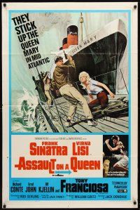 7z047 ASSAULT ON A QUEEN 1sh '66 art of Frank Sinatra w/pistol & sexy Virna Lisi on submarine deck