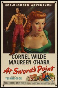 7z048 AT SWORD'S POINT 1sh '52 full-length Cornel Wilde, super close up of sexy Maureen O'Hara!