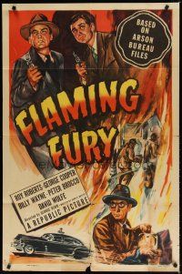 7z251 FLAMING FURY 1sh '49 from Arson Bureau files, cool artwork of firefighters & detectives!