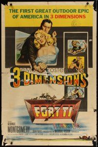 7z260 FORT TI 1sh '53 Fort Ticonderoga, cool 3-D art of George Montgomery & girls fighting!