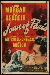 7z404 JOAN OF PARIS style A 1sh '42 artwork of Michele Morgan kissing Paul Henreid!