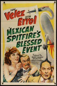 7z504 MEXICAN SPITFIRE'S BLESSED EVENT 1sh '43 great wacky artwork of Lupe Velez, Leon Errol!