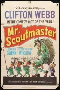 7z525 MR SCOUTMASTER 1sh '53 great artwork of Clifton Webb tied up by Boy Scouts!