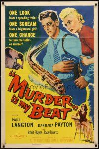 7z528 MURDER IS MY BEAT 1sh '55 Edgar Ulmer film noir, Barbara Payton, cool speeding train art!