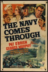 7z547 NAVY COMES THROUGH style A 1sh '42 Pat O'Brien, George Murphy, cool WWII action art!
