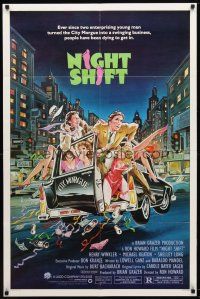 7z556 NIGHT SHIFT 1sh '82 Michael Keaton, Henry Winkler, sexy girls in hearse art by Mike Hobson!