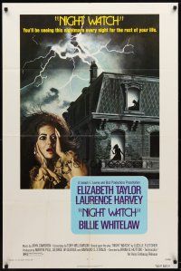 7z558 NIGHT WATCH 1sh '73 Elizabeth Taylor & Laurence Harvey, horror!