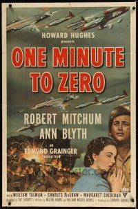 7z583 ONE MINUTE TO ZERO 1sh '52 art of Robert Mitchum, Ann Blyth & fighter jets, Howard Hughes