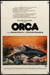 7z587 ORCA advance 1sh '77 wild art of attacking Killer Whale by John Berkey, it kills for revenge!
