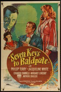 7z724 SEVEN KEYS TO BALDPATE style A 1sh '47 art of sexy Jacqueline White & Phillip Terry!
