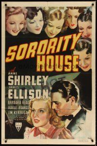7z784 SORORITY HOUSE 1sh '39 art of lots of college girls staring down at Shirley & Ellison!