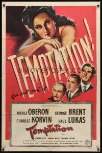 7z838 TEMPTATION 1sh '46 George Brent & Charles Korvin can't resist sexy Merle Oberon!