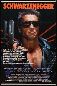 7z846 TERMINATOR 1sh '84 super close up of most classic cyborg Arnold Schwarzenegger with gun!