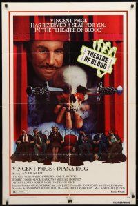7z854 THEATRE OF BLOOD 1sh '73 great art of Vincent Price holding bloody skull w/dead audience!