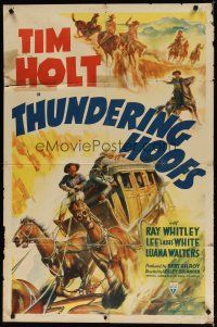 7z876 THUNDERING HOOFS style A 1sh '41 cool art of cowboy Tim Holt on horse chasing stagecoach!