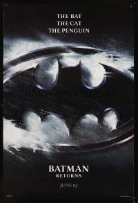 8b075 BATMAN RETURNS June 19th style teaser 1sh '92 cool image of batman's cowl!