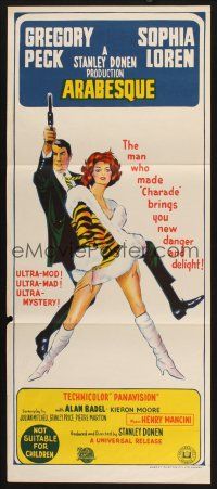 8c310 ARABESQUE Aust daybill '66 Gregory Peck, sexy Sophia Loren, ultra mod, ultra mystery!