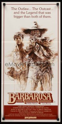 8c323 BARBAROSA Aust daybill '82 great art of Gary Busey & Willie Nelson with smoking gun!