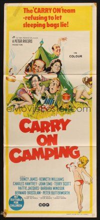 8c373 CARRY ON CAMPING Aust daybill '71 AIP, Sidney James, English nudist sex, wacky camping art!